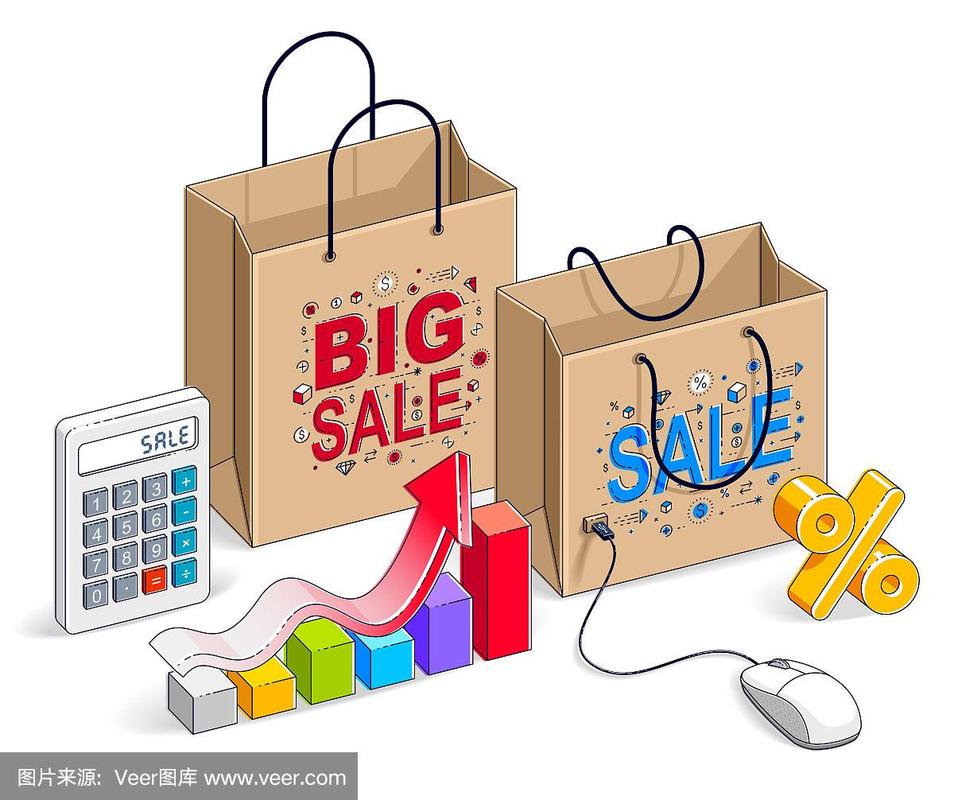 网上商店概念,网上商店,网上销售,购物袋与电脑鼠标,计算器和增长图表